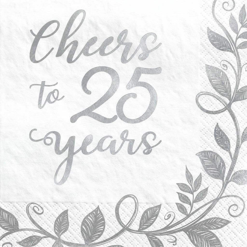 "Cheers to 25 Years" Silver Anniversary Beverage Napkins - 16 Pack - 5 In. X 5 In.