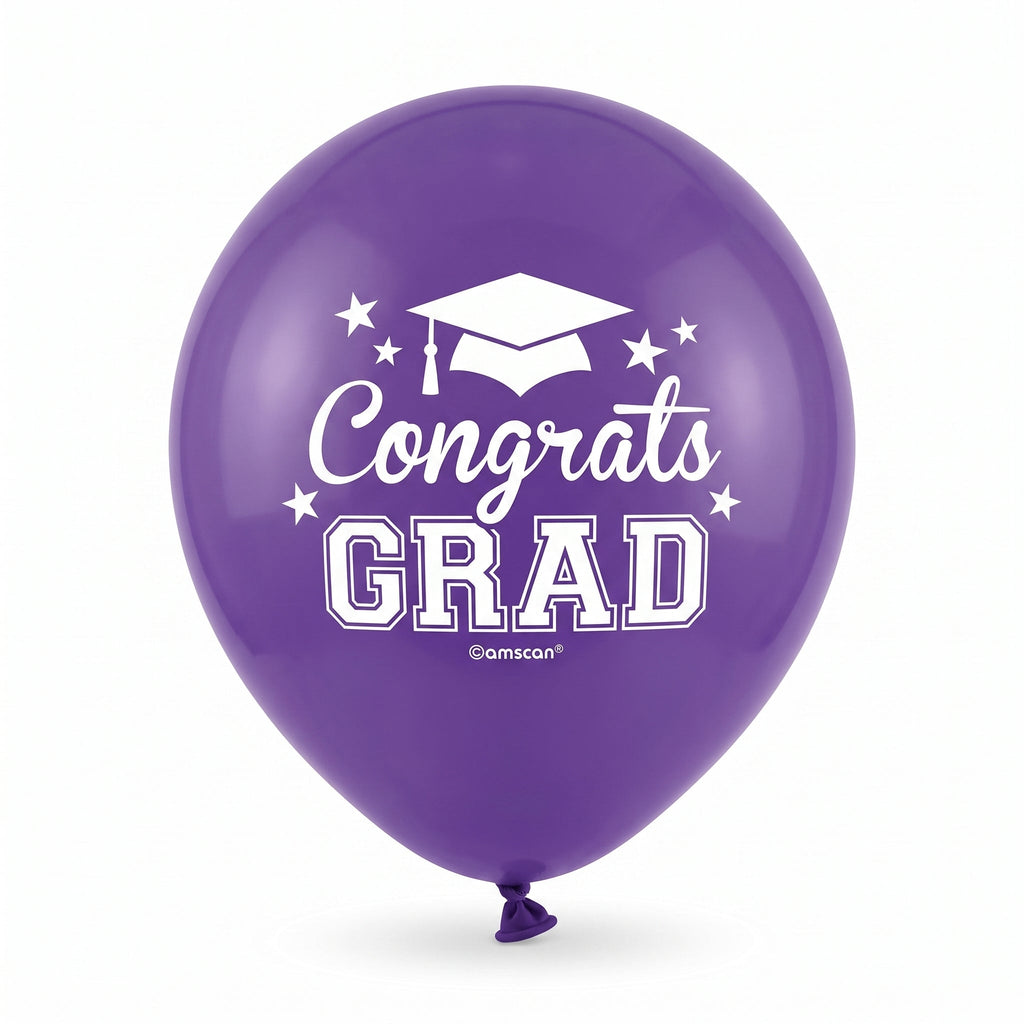 "Congrats Grad" Purple Latex Balloons, 12-Inch, 15-Pack