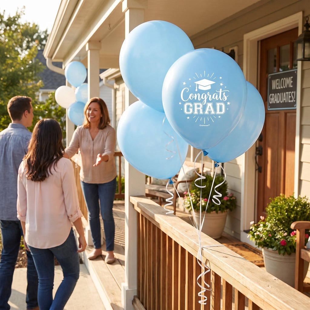 "Congrats Grad" Powder Blue Latex Balloons, 12-Inch, 15-Pack for Graduation