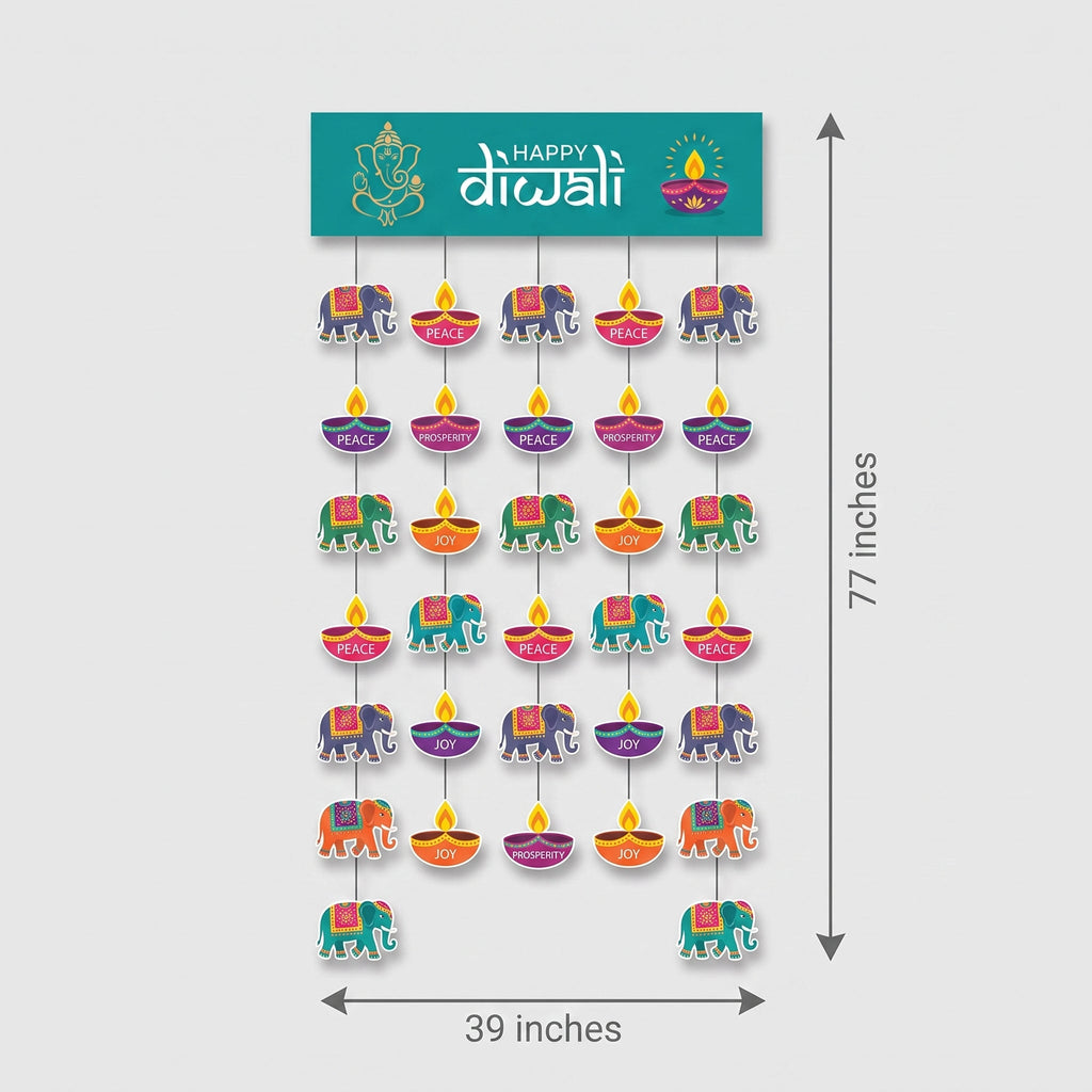 "Happy Diwali" Doorway Curtain with Ganesh & Elephant Motifs, 77-inch