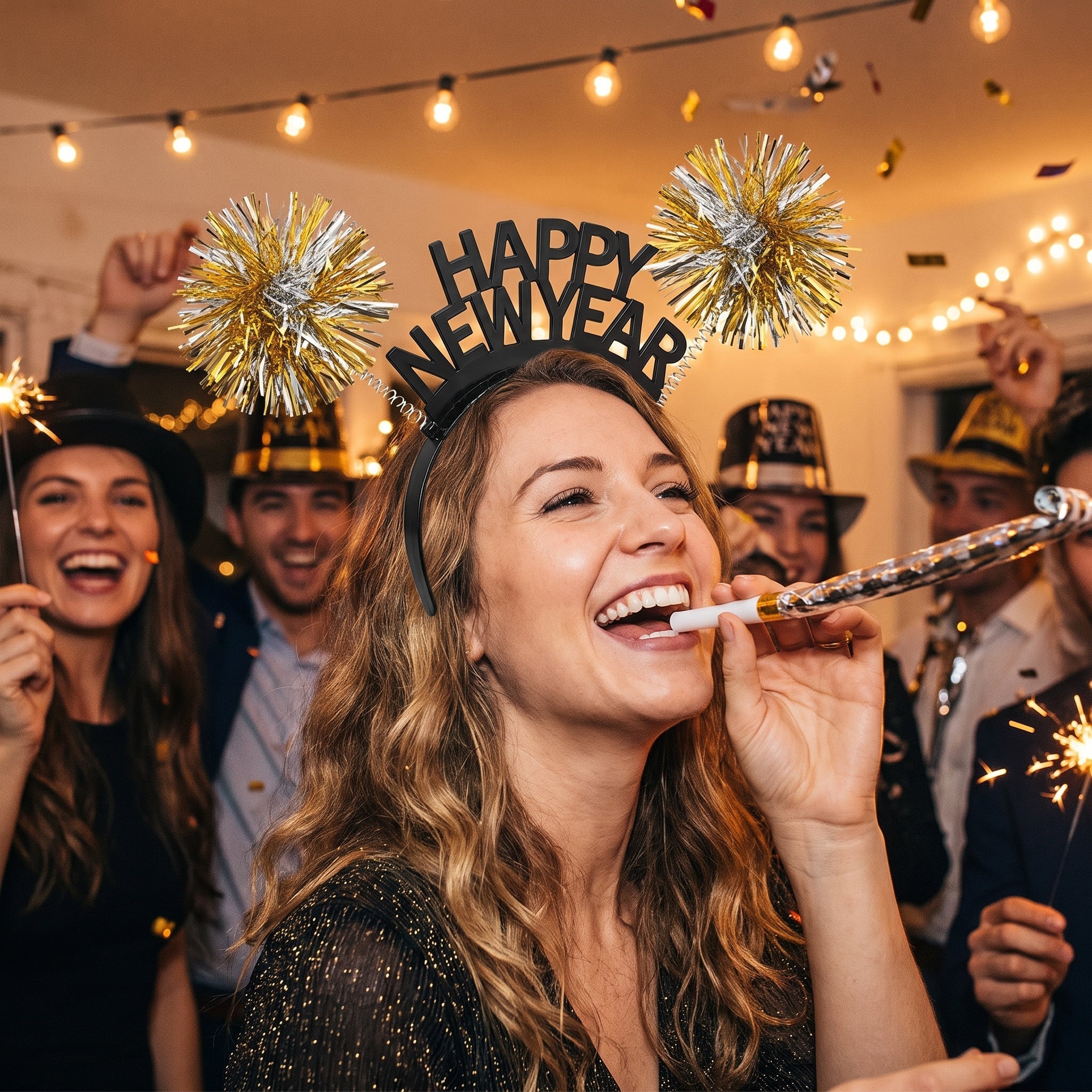 "Happy New Year" Tinsel Ball Headbopper Headband