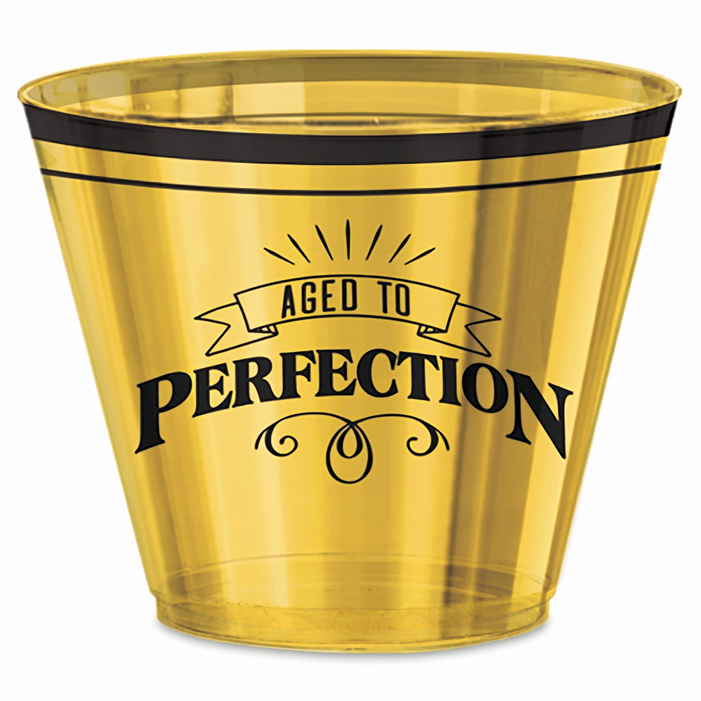 "Aged To Perfection" Gold Birthday Plastic Cups - 9 oz, 30 Pack