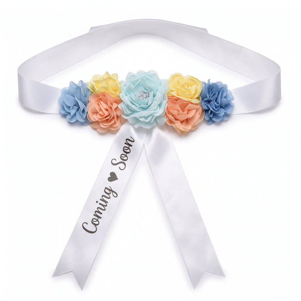 "Coming Soon" Pastel Floral Baby Shower Bump Sash