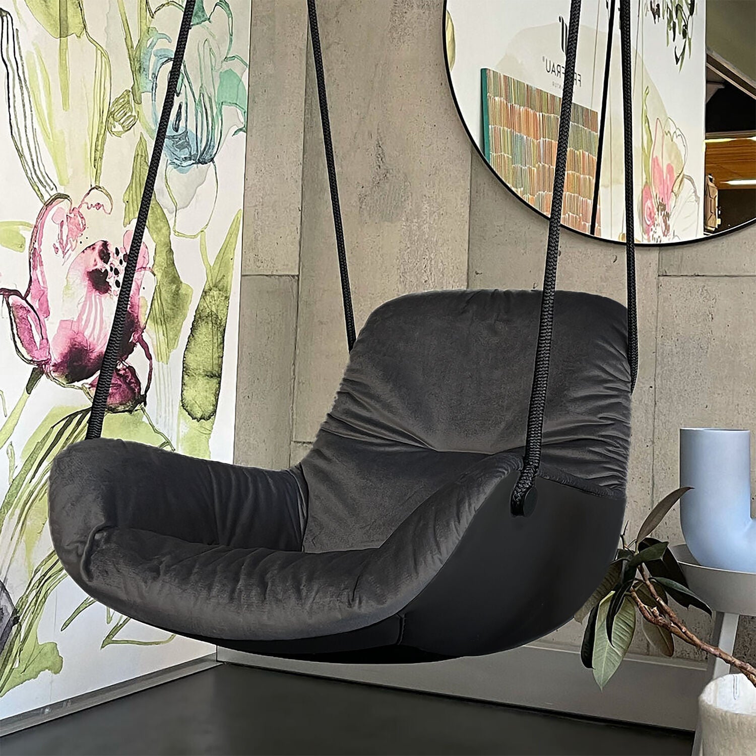 freifrau | leya lounge swing seat | avalon 005 + sahara ebony (black) leather