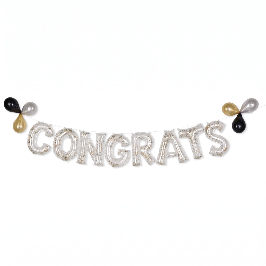 "Congrats" Silver Glitter Confetti Air-Filled Balloon Banner