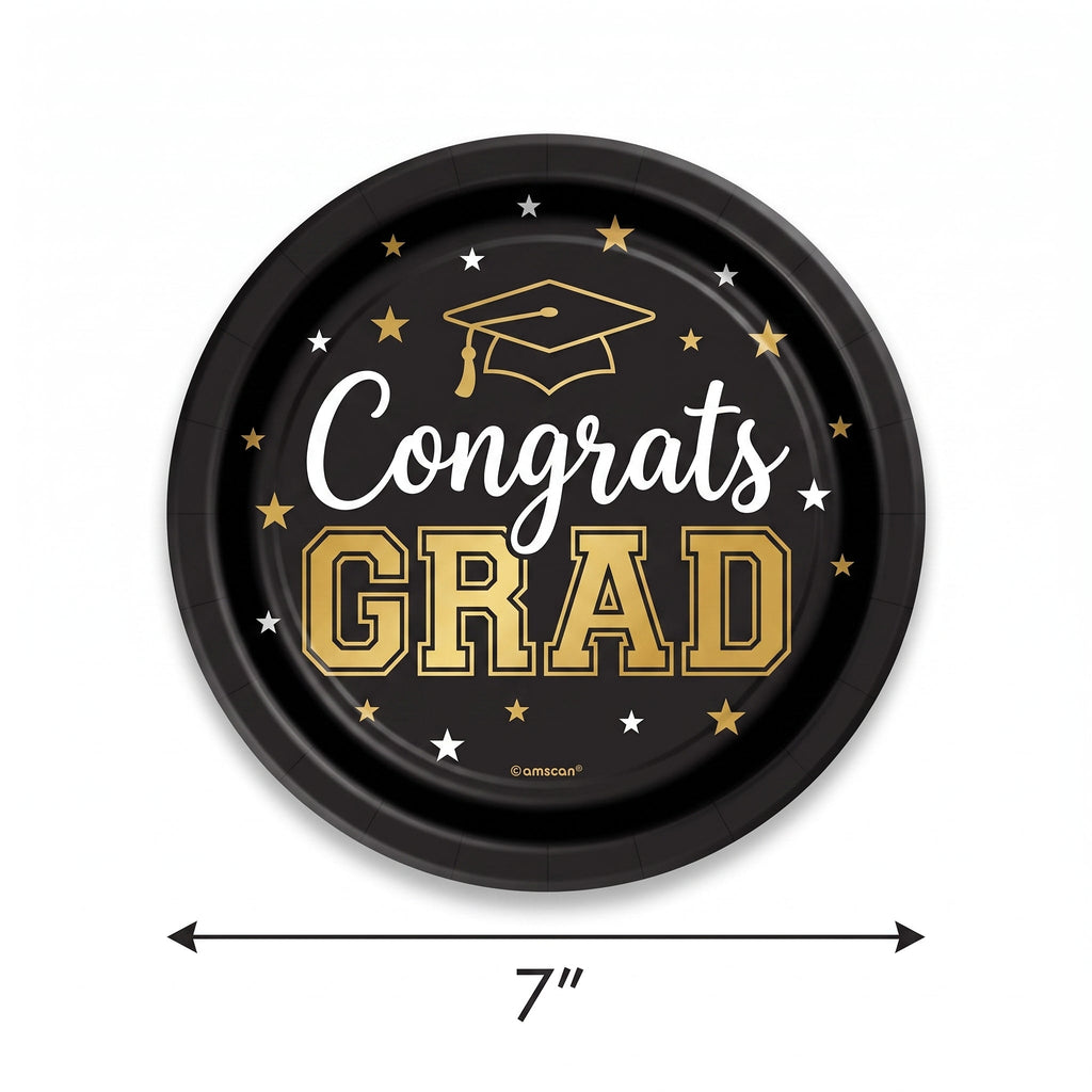 "Congrats Grad" 7-Inch Round Metallic Paper Plates - Black/Gold, 8-Pack