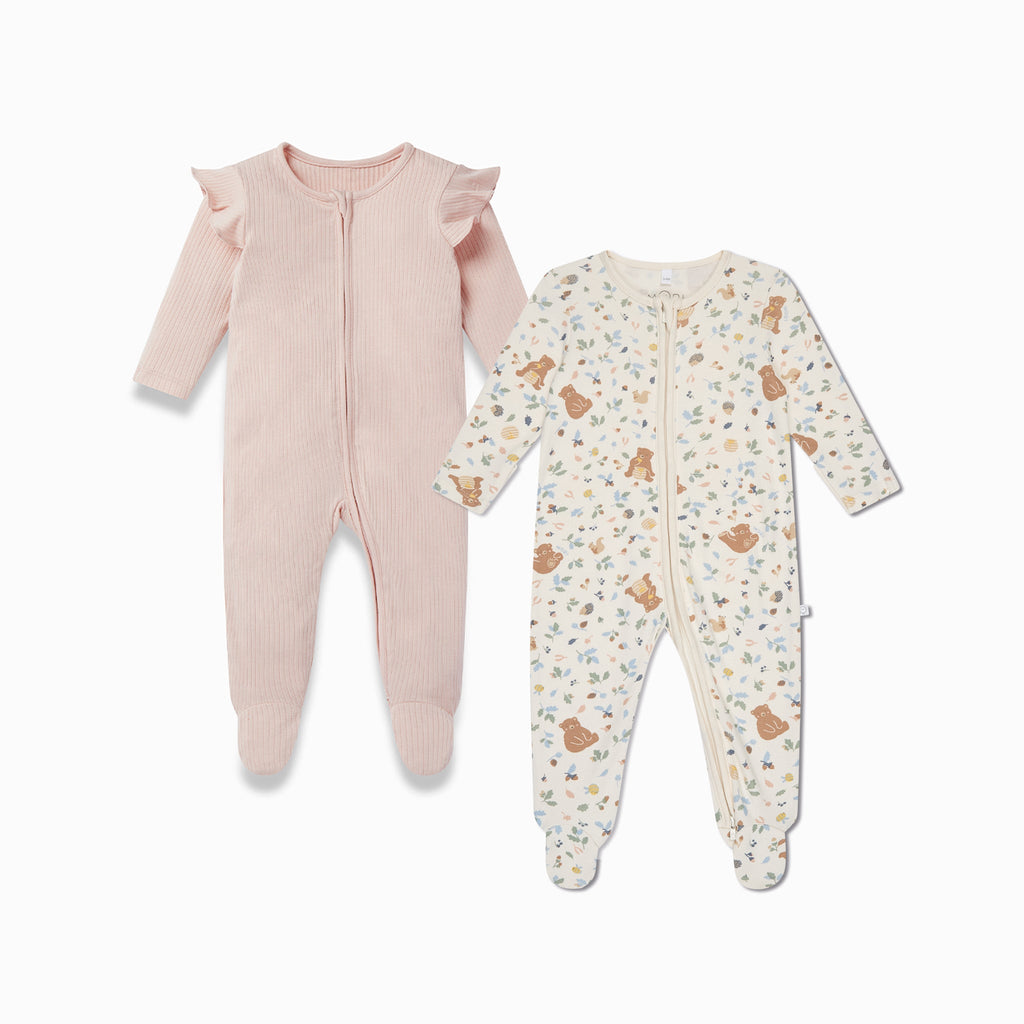 Bear Print & Frilled Ribbed Clever Zip Sleepsuit 2 Pack