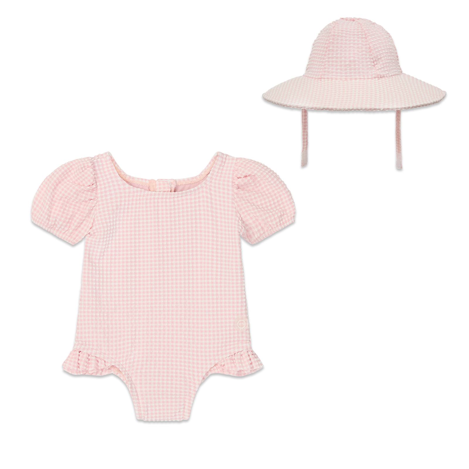 Gingham Seersucker Puff Sleeve Swimsuit & Hat