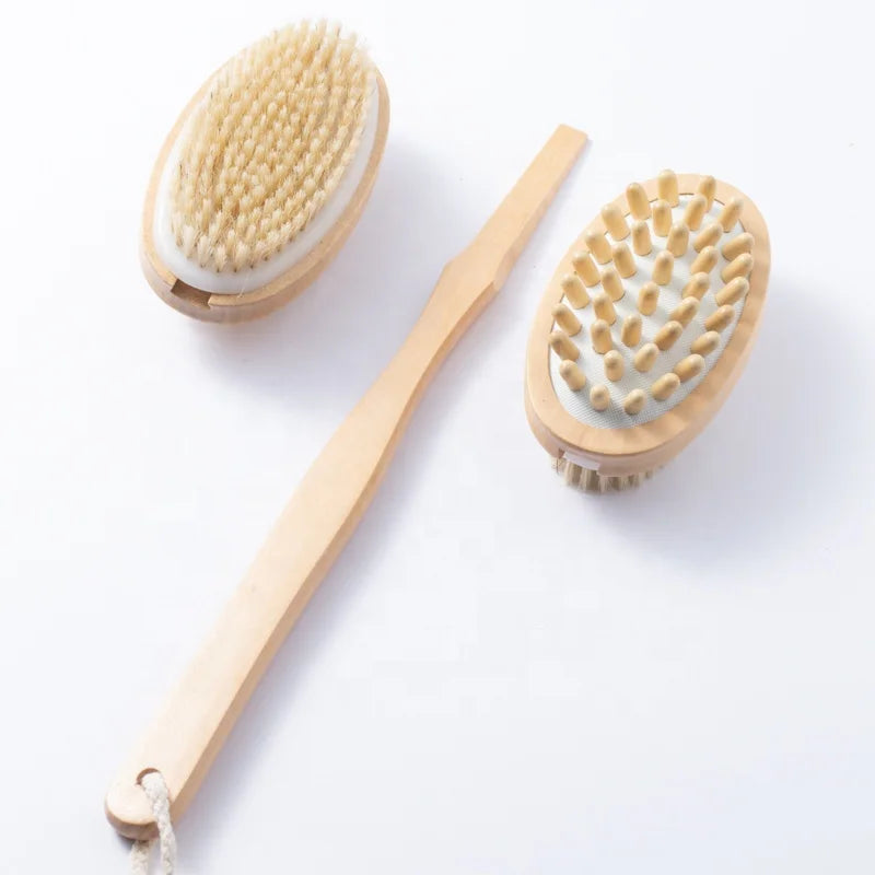 Dual-Sided Long Handle Shower Scrubber Wet & Dry Body Care Exfoliating Brush Dry Brushing with Loofah Sponge Removes Dead Skin
