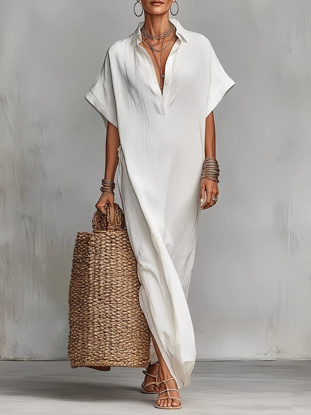 2026 Summer Maxi Pure Color Casual Fashion Sleeve Flared Side Split Dress