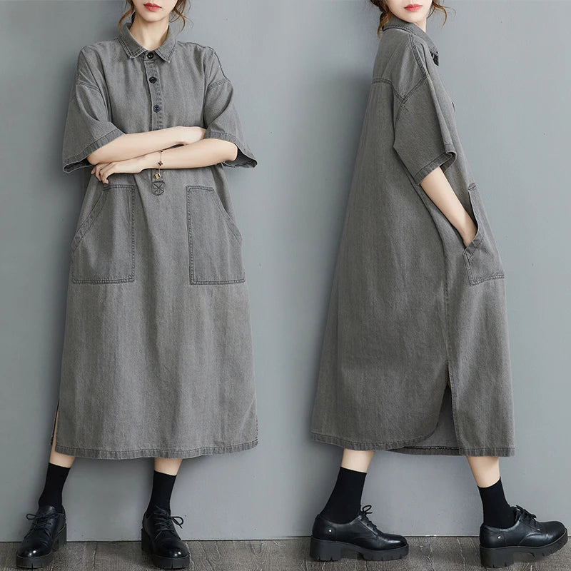 Boutique Wholesale 2025 Summer New Fashionable Retro Lapel Loose Casual Denim Women's Dress
