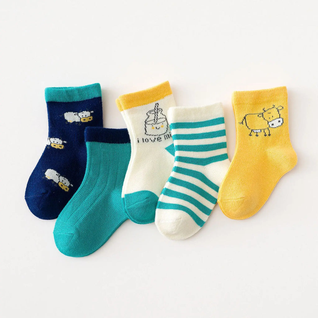 5 Pairs/Lot Toddler Socks Newborn Baby Soft Prewalker Spring Cotton Girl Kids Autumn Infant Cartoon Striped Print Sock 0-12Y
