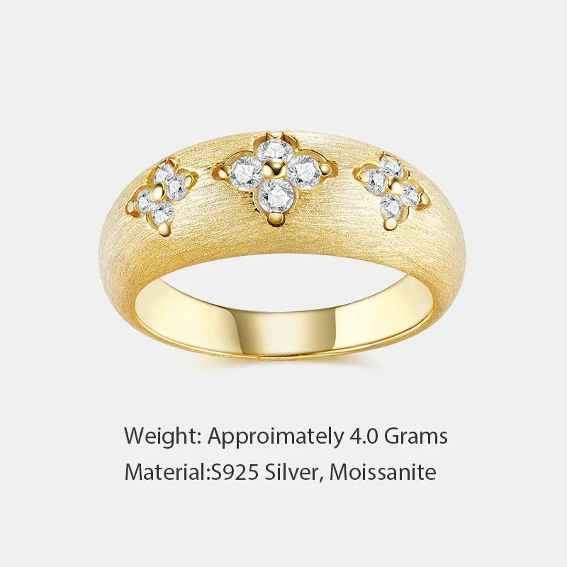 18K Gold Plated Wide Band Ring, Round Moissanite Flower Motif Brushed Finish Statement Stackable Ring for party Daily Wear