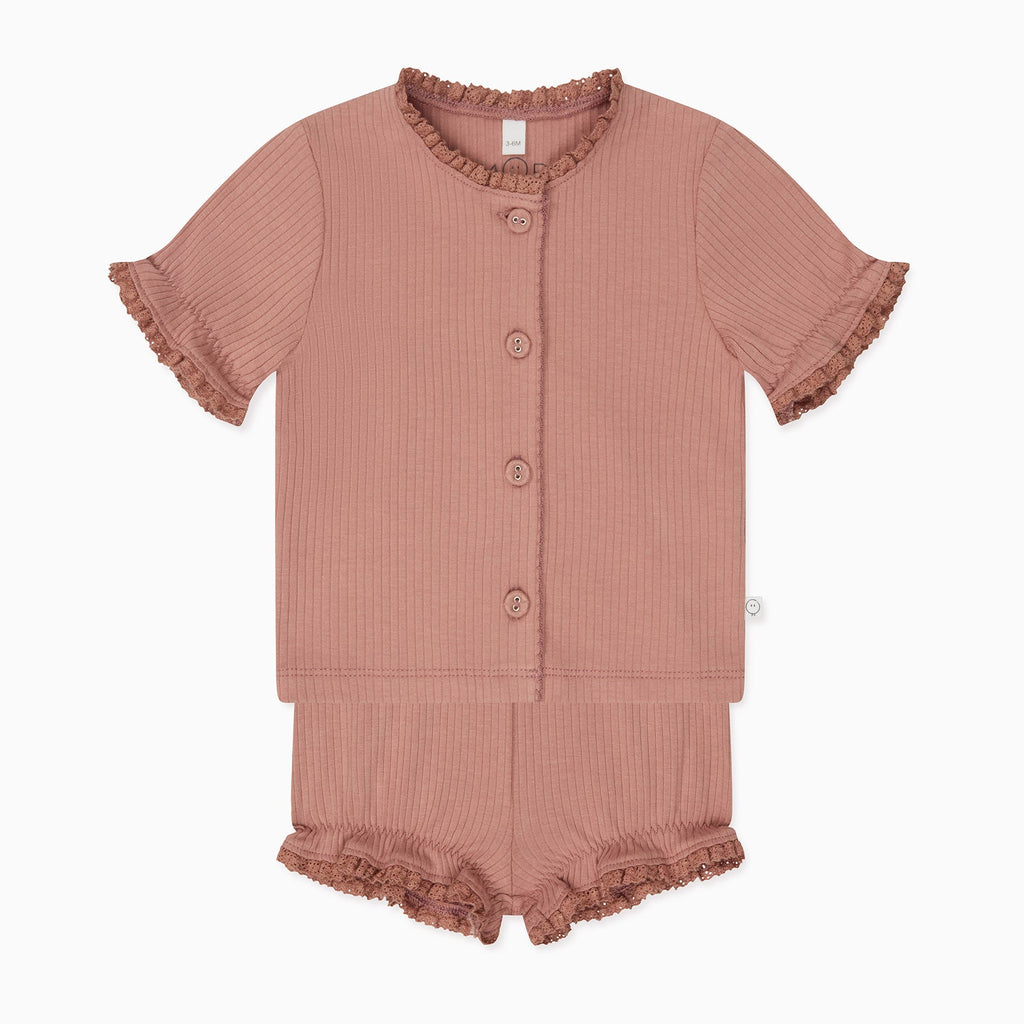 Frilled Ribbed Cardigan & Shorts Outfit - Rose