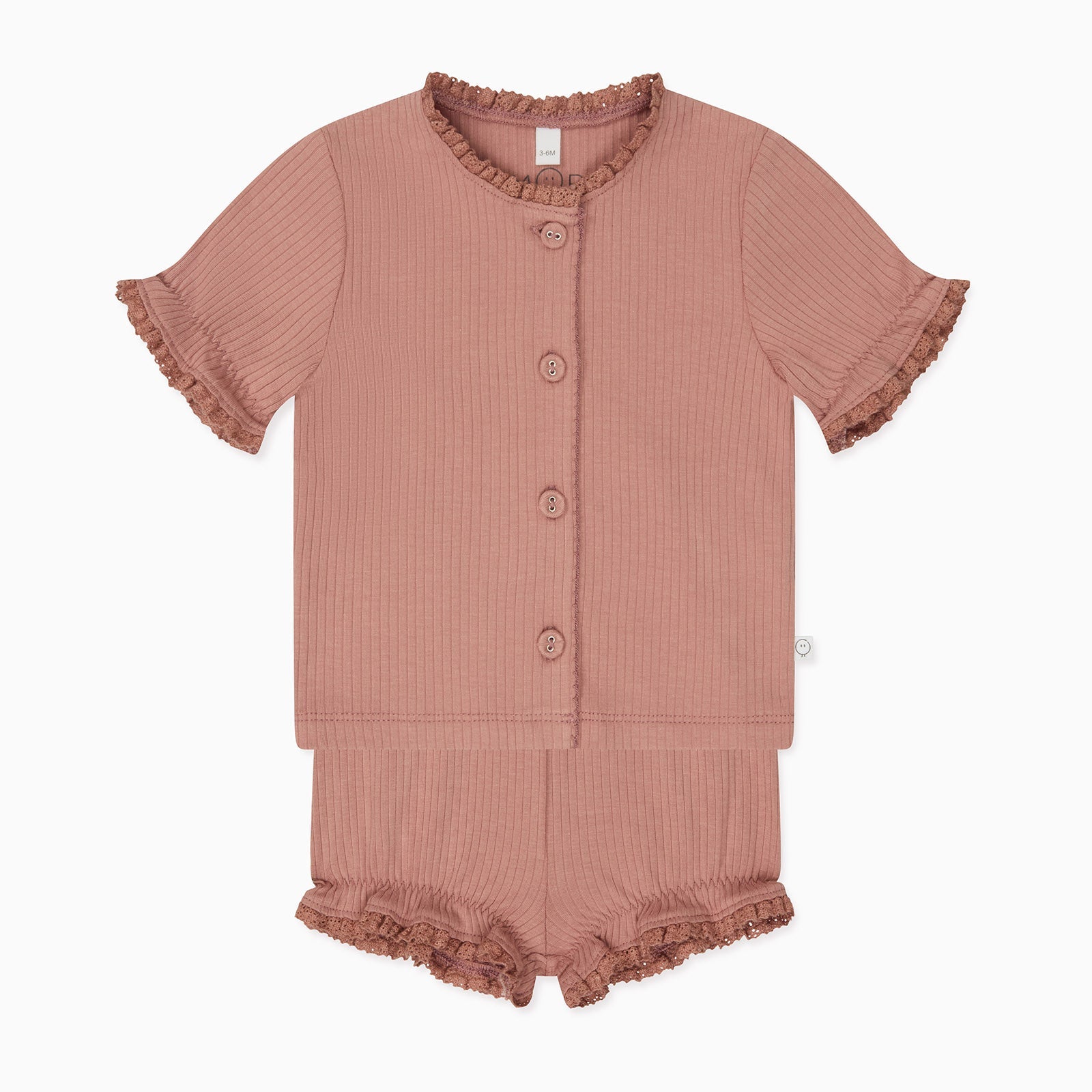 Frilled Ribbed Cardigan & Shorts Outfit - Rose