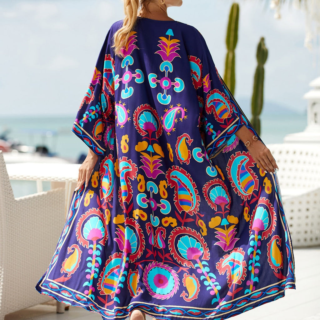 2023 New European and American Cotton Print Beach Jacket Sexy Sun Protection Cardigan Holiday Bikini Overshirt Women
