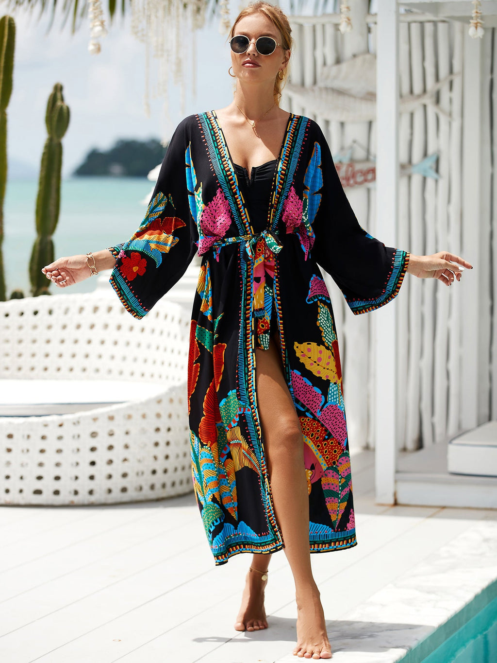 2023 New European and American Cotton Print Beach Jacket Sexy Sun Protection Cardigan Holiday Bikini Overshirt Women