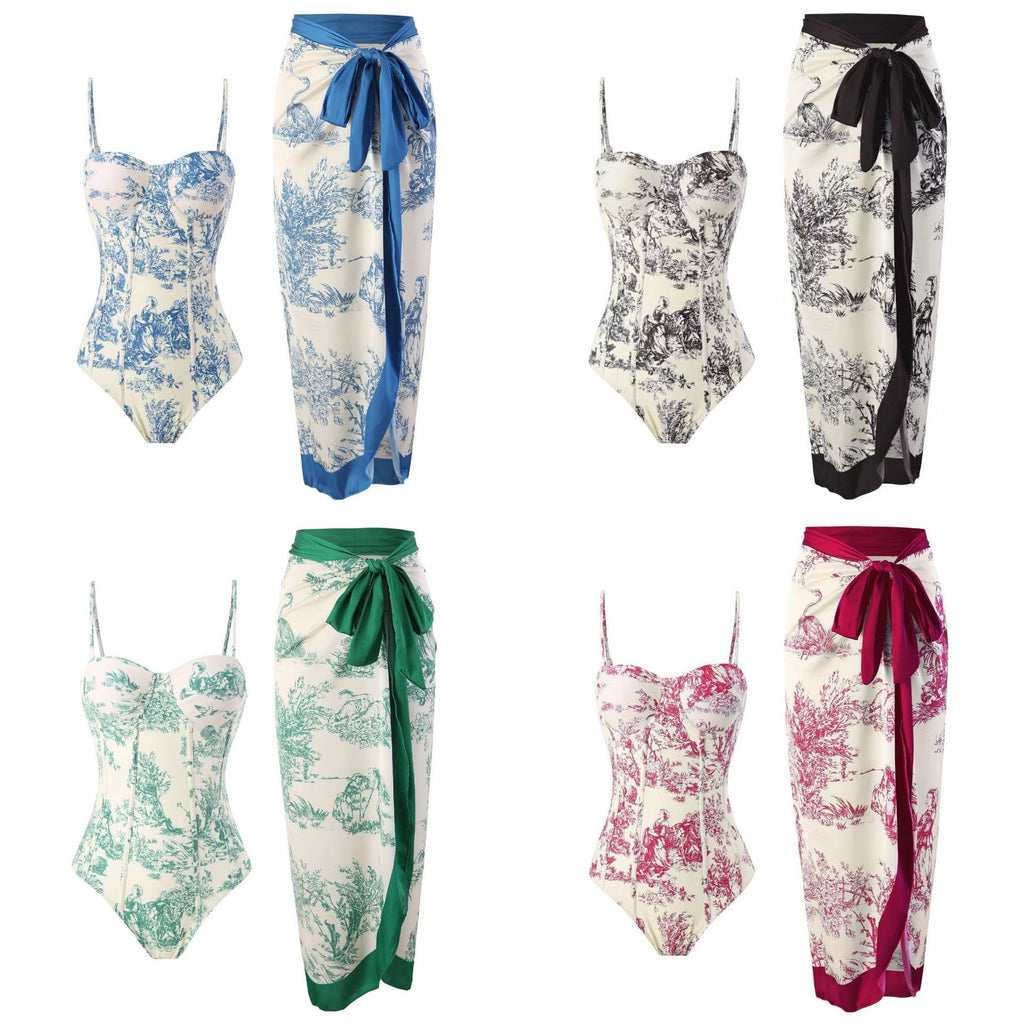 2025 European and American New Style One-Piece Swimsuit for Women, Slim-Fitting, Retro Tie-Up, Sun-Protective Long Skirt Two-Piece Set, Hard-Packed Swimsuit