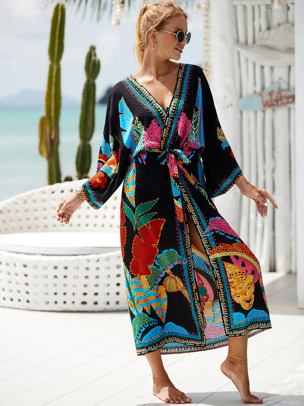 2023 New European and American Cotton Print Beach Jacket Sexy Sun Protection Cardigan Holiday Bikini Overshirt Women