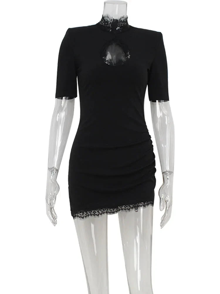 Ahagaga Sexy Sheath Women's Mini Dresses Solid Lace Turtleneck Slim Fit Bodycon Hollow Out Half Sleeves Streetwear Vestidos Robe