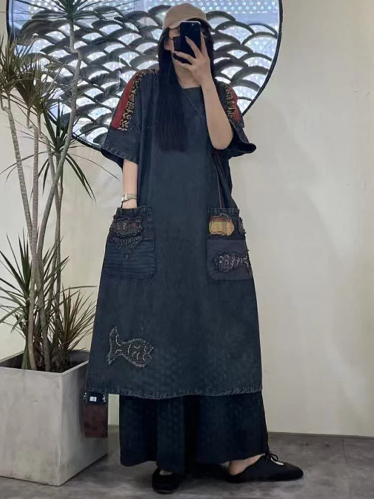 Amax LuluE Summer Chinese Womens Casual Embroidery Denim Dress Loose Cartoon O Neck Long Clothes Ladies Classic Vintage Vestidos