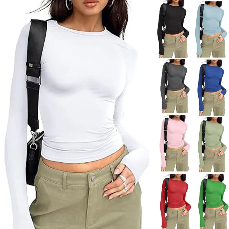 1pcs Four Seasons Fashion Senior Women T-shirt Long Sleeve Crew Neck Solid Slim Fit Tee Ladies Crop Top  Daily Streetwear Camis