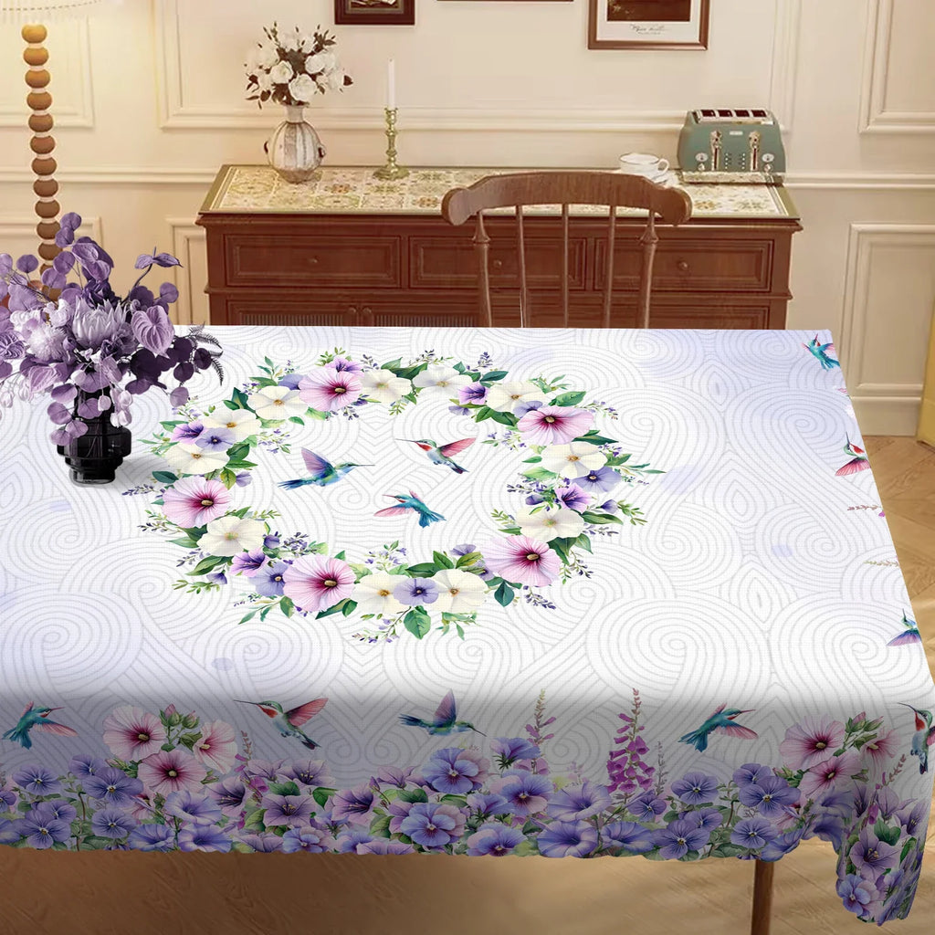 1 Piece, Purple Polyester Tablecloth with Hummingbird and Morning Glory Print + 4 Self-Adhesive Stickers, Pastoral Garden Atmosphere, Embossed Edges, Suitable for Home Kitchen, Living Room Dining Table, Balcony Coffee Table,