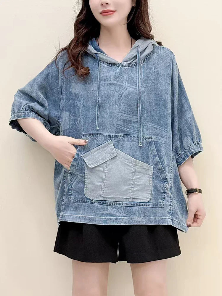 AmaxluluE Summer Fashion Clothes 2025 Women Denim Hooded Blouses Casual Big Size Printed Shirts Ladies Loose Vintage O Neck Tops