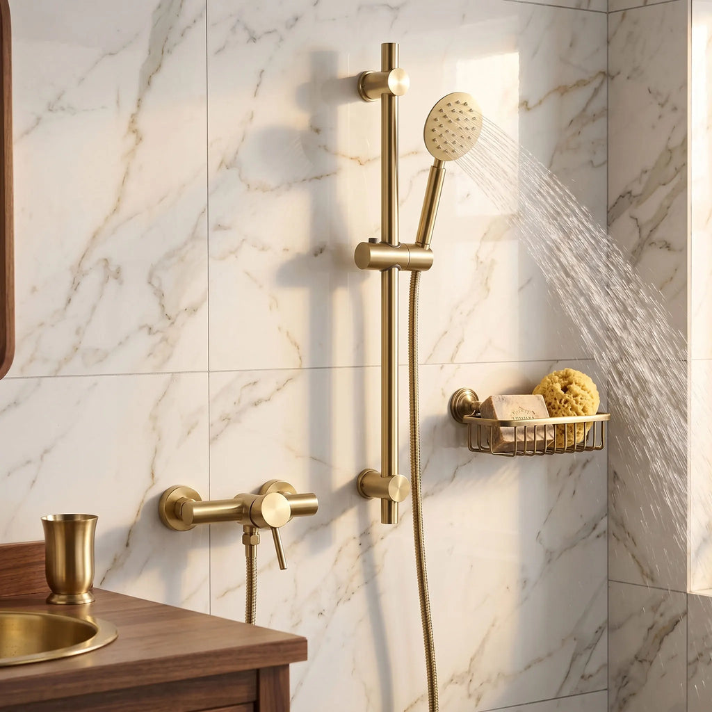 Brushed Gold Bathroom Shower Faucet Set Wall Mounted  ,  Cold and Hot Bath and  Mixer Taps Brass
