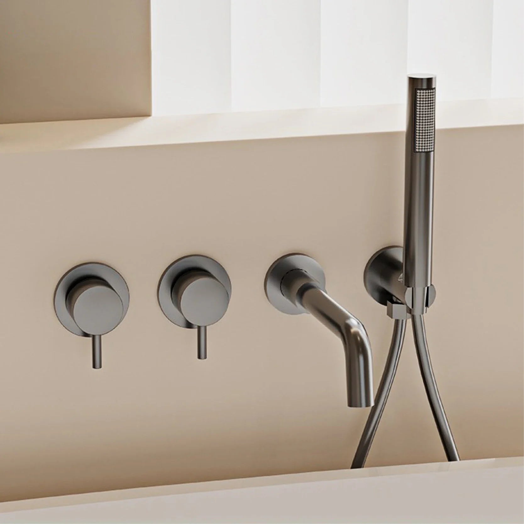 Bathroom Minimalist Gun Gray Brass Wall Mounted Bathtub Faucet with Dual Handles for Hot & Cold Water Dual Function Shower Mixer