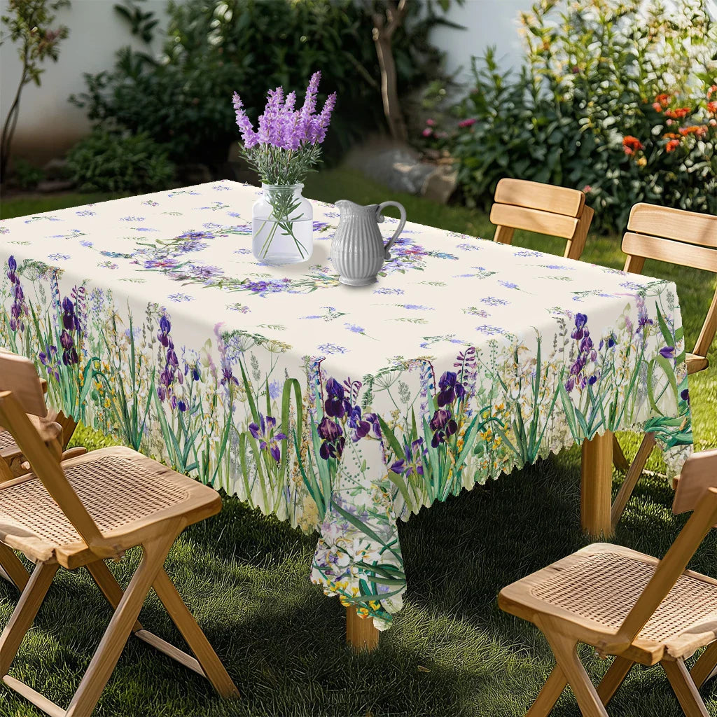 1 Piece of Fresh Spring-Themed Round and Rectangular Tablecloth, Available in Various Sizes, with a Print Featuring Delicate Purple Iris and Vibrant Green Grass, Fine Blue Floral Clusters, and Faintly Patterned Branches and L