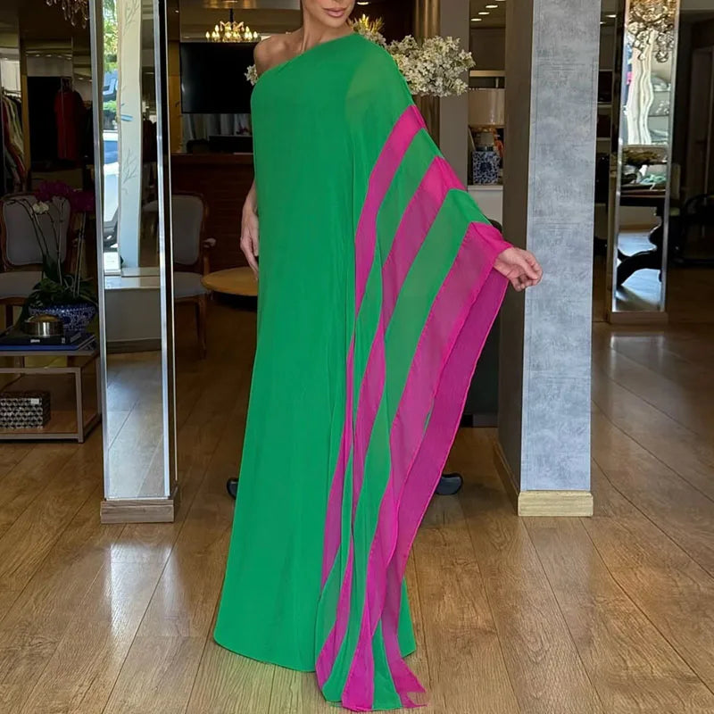 Boho Sexy One Shoulder Loose Maxi Dress Womens Spring Elegant Color Block Long Party Dress Summer Backless Hollow Vacation Dress