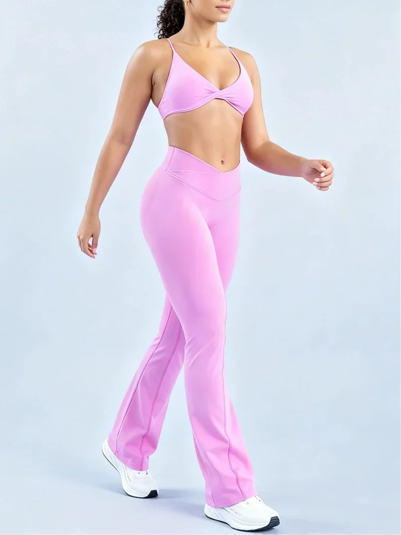 2Pcs Women Sports Yoga Set Halter Neck Sports Bra Flare Leggings Seamless Hip Lifting Quick Dry Gym Fitness Workout Activewear