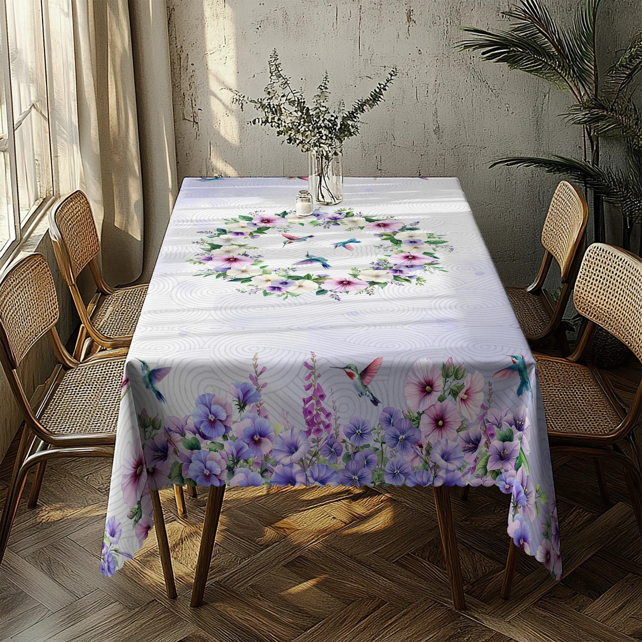1 Piece, Purple Polyester Tablecloth with Hummingbird and Morning Glory Print + 4 Self-Adhesive Stickers, Pastoral Garden Atmosphere, Embossed Edges, Suitable for Home Kitchen, Living Room Dining Table, Balcony Coffee Table,