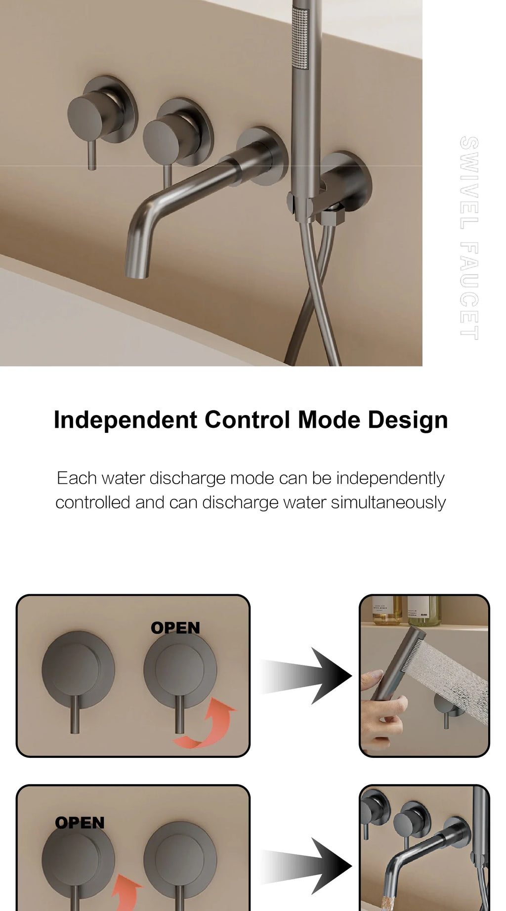Bathroom Minimalist Gun Gray Brass Wall Mounted Bathtub Faucet with Dual Handles for Hot & Cold Water Dual Function Shower Mixer