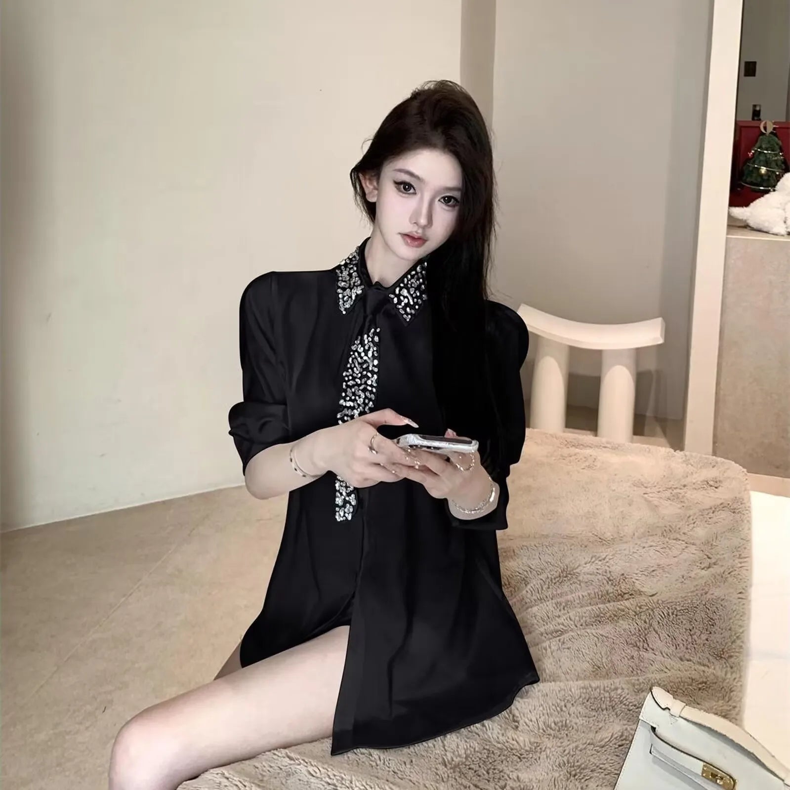 2025 Women's White Shirt New Spring Autumn Crystal Beading With Necktie Chiffon Shirt Female Blouses Ladies Tops Women Clothing