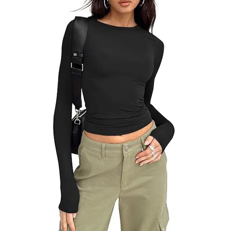 1pcs Four Seasons Fashion Senior Women T-shirt Long Sleeve Crew Neck Solid Slim Fit Tee Ladies Crop Top  Daily Streetwear Camis