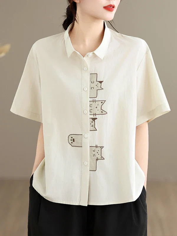 Casual Style Embroidered Pure Cotton Loose Fit Short Sleeve Shirt Women's plus Size Slimming Versatile White Summer Shirt