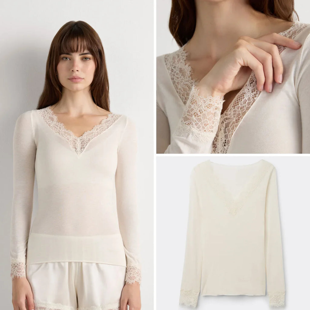 Absobe Long Sleeve Lace Trim T-shirt Women Sexy Low Cut V-Neck Patchwork Versatile Slim Female Top Solid Color Casual Streetwear