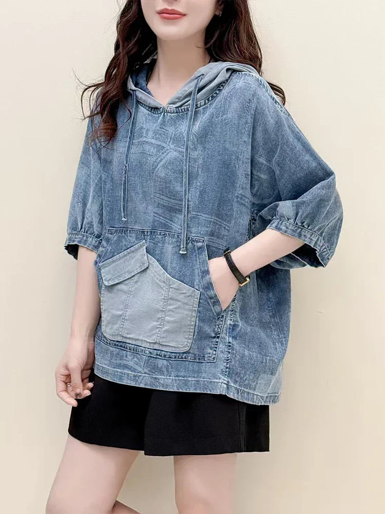 AmaxluluE Summer Fashion Clothes 2025 Women Denim Hooded Blouses Casual Big Size Printed Shirts Ladies Loose Vintage O Neck Tops