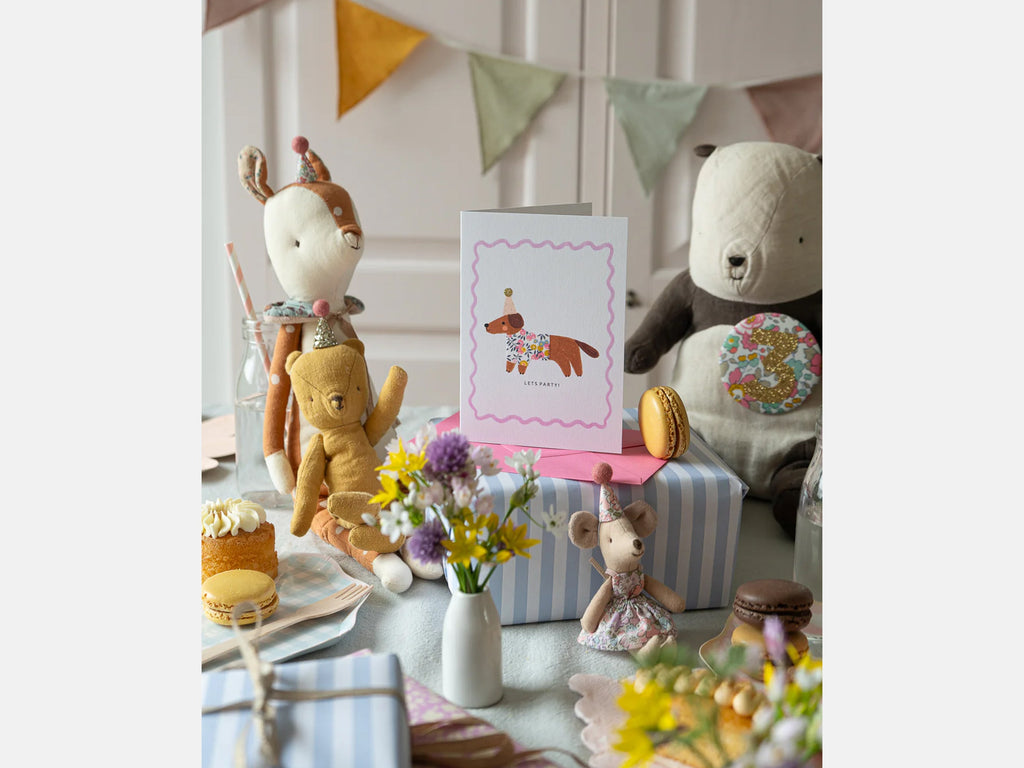 Sausage Dog Birthday Card - Liberty Wiltshire Bud Print