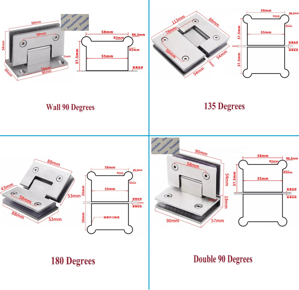 2Pcs 304 Stainless Steel Shower Enclosure Door Hinge 90 135 180 Degrees Rose Gold Matte Black Mirror Antique Bronze White