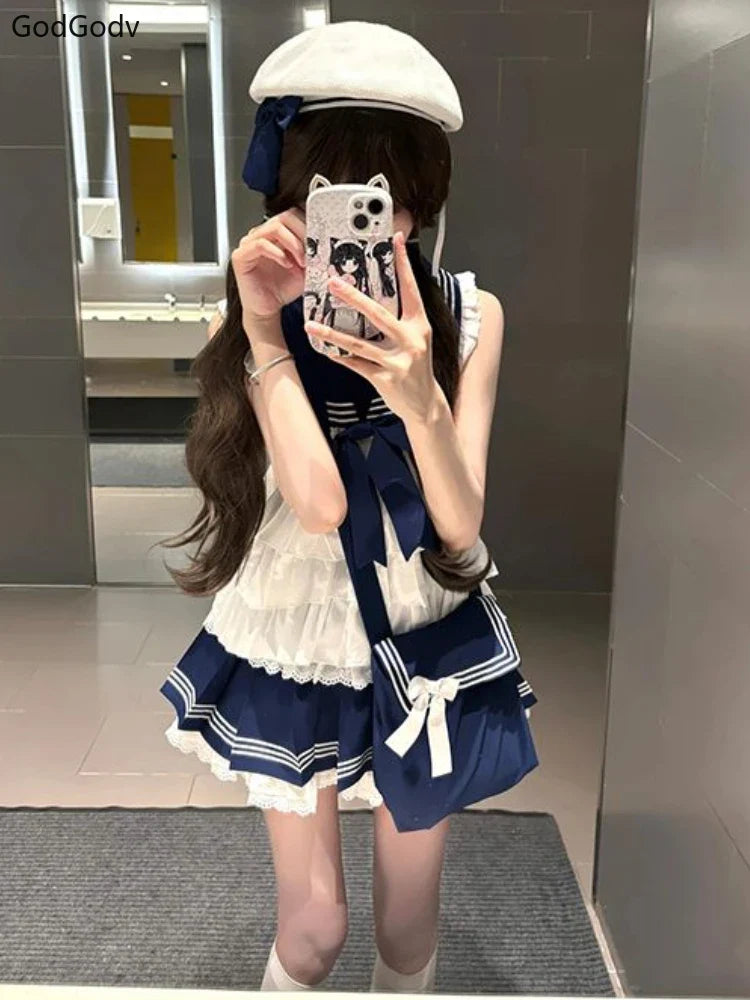 2025 Spring Preppy Style Sweet Elegant 2 Piece Sets Women Sailor Collar Y2k Design Mini Skirt Suits Female Bow Lace Chic Outfits