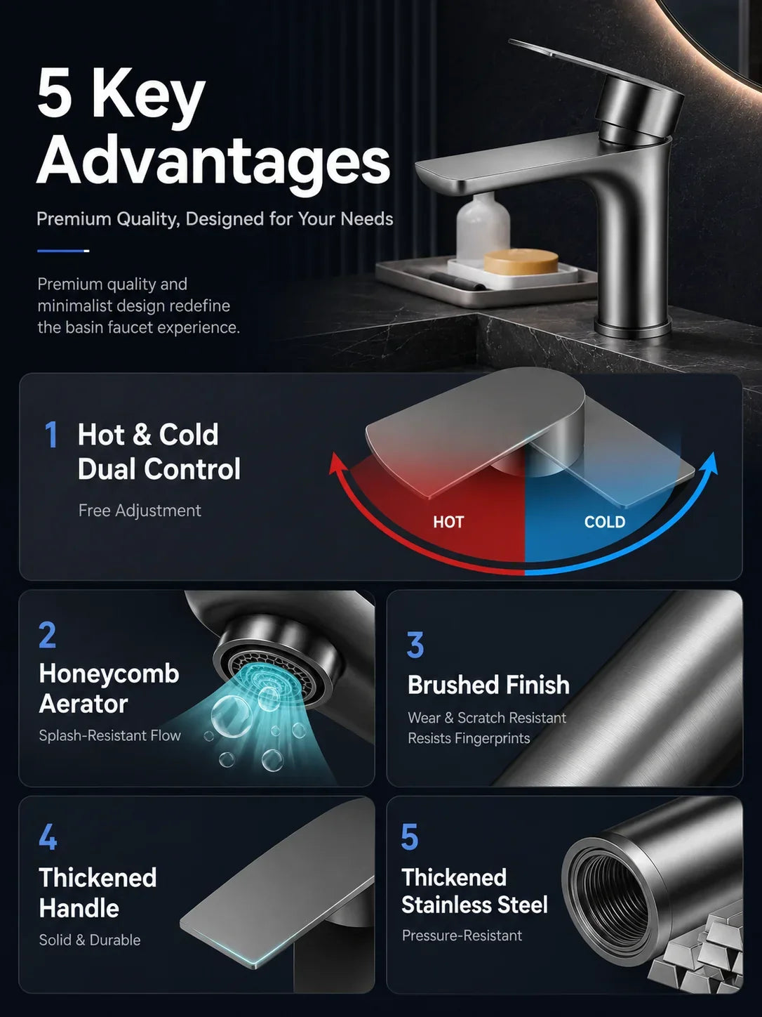 304 Stainless Steel Bathroom Sink Faucet Hot Cold Mixer Tap Single Handle Washbasin Faucet for Vanity