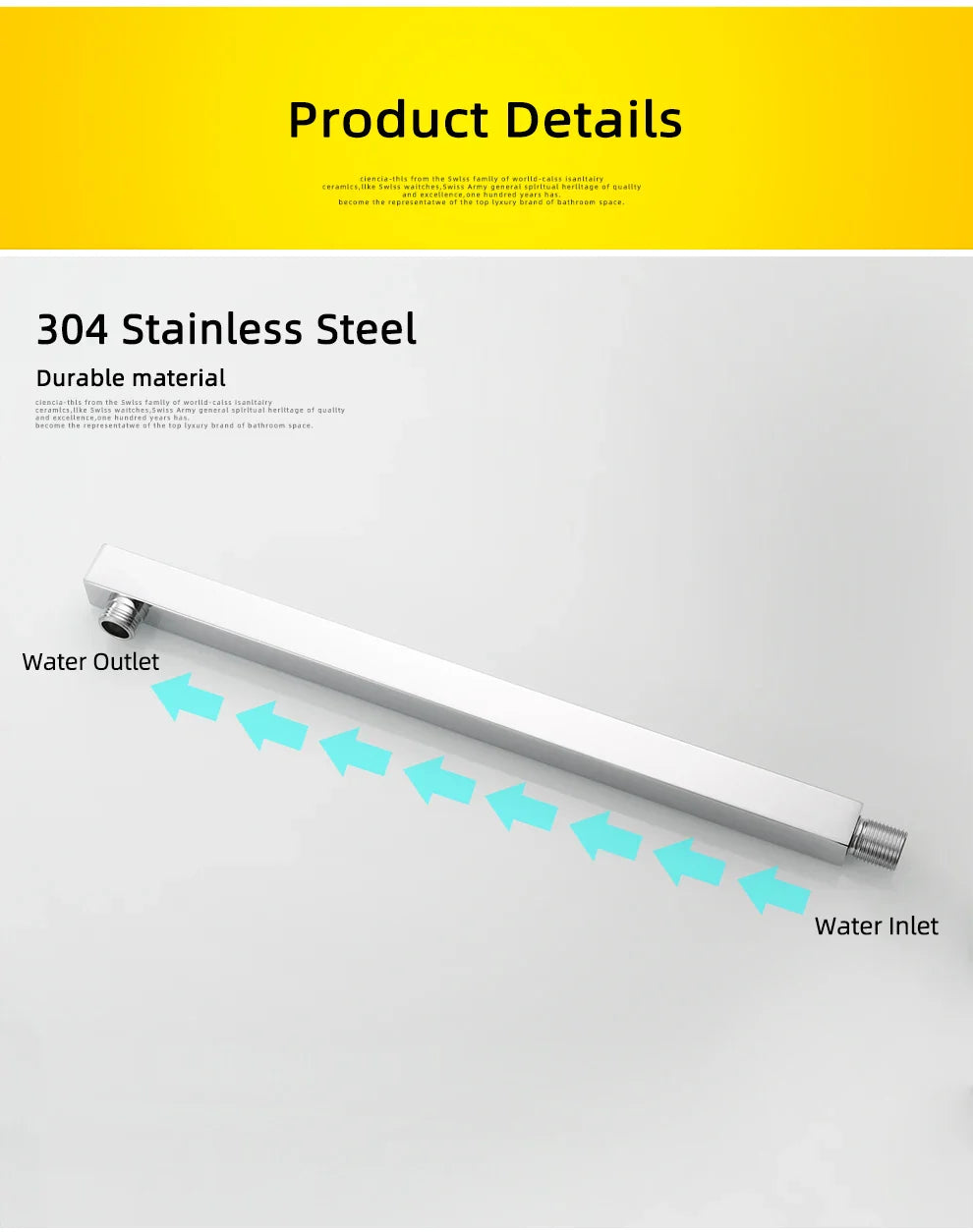 Ciencia 304 Stainless Steel Square Shower Arm G1/2 Bathroom Shower Arm Wall Mounted for Fixed Rain Shower Head
