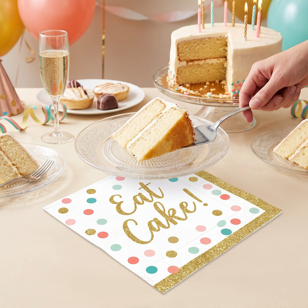 "Eat Cake!" Birthday Beverage Napkins - Gold & Pastel Confetti, 36-Pack - 5 In. X 5 In.