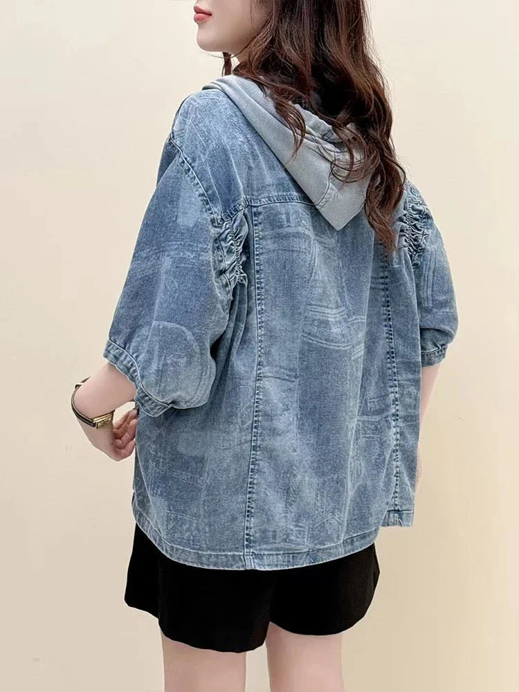 AmaxluluE Summer Fashion Clothes 2025 Women Denim Hooded Blouses Casual Big Size Printed Shirts Ladies Loose Vintage O Neck Tops