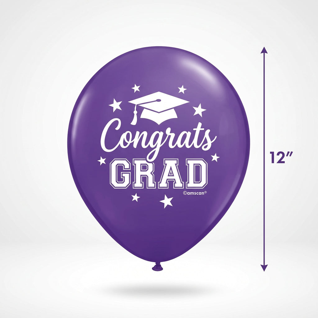 "Congrats Grad" Purple Latex Balloons, 12-Inch, 15-Pack