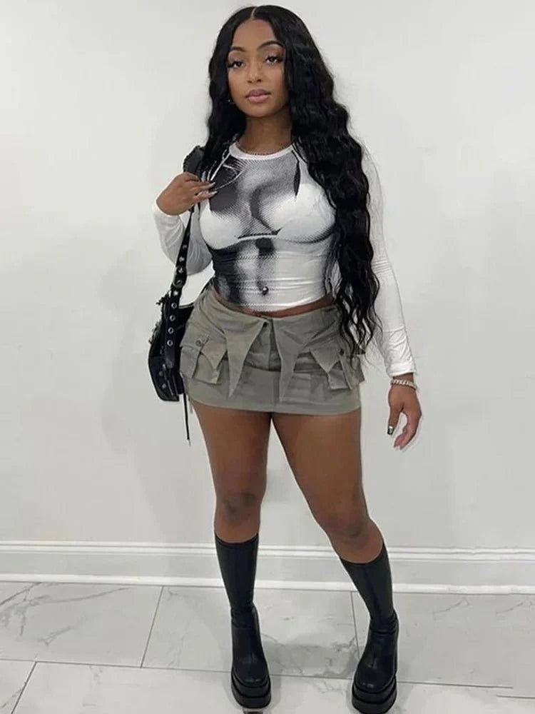 Body Print Crop Tee Shirts Women Fall Spring Y2K Korean Fashion Long Sleeve O-neck Skinny Top Tshirt Streetwear