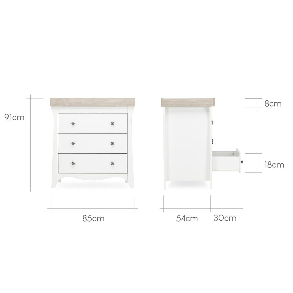 CuddleCo Clara 2 Piece Set 3-Drawer Dresser + Cot Bed  - White/Ash